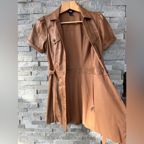 PAIGE Tan Camel Faux Leather Belted Button Down Short Sleeve Dress 2 - Picture 8 of 14
